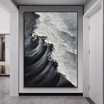 Black and White Painting - Black White Beach wave sand 01 wall decor
